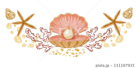 Seashell with pearl and starfish wide watercolor design. Hand drawn line art with sand and coral in colored pencil style. Great for summer travel card or holiday print. Perfect for coastal artwork. Seashell with pearl and starfish wide watercolor design. Hand drawn line art with sand and coral in colored pencil style. Great for summer travel card or holiday print. Perfect for coastal artwork. 131107935