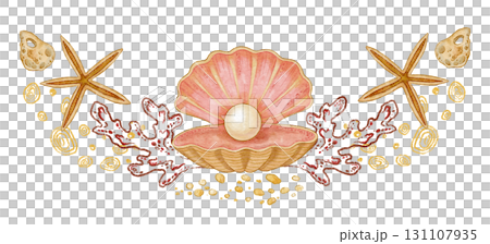 Seashell with pearl and starfish wide watercolor design. Hand drawn line art with sand and coral in colored pencil style. Great for summer travel card or holiday print. Perfect for coastal artwork. Seashell with pearl and starfish wide watercolor design. Hand drawn line art with sand and coral in colored pencil style. Great for summer travel card or holiday print. Perfect for coastal artwork. 131107935