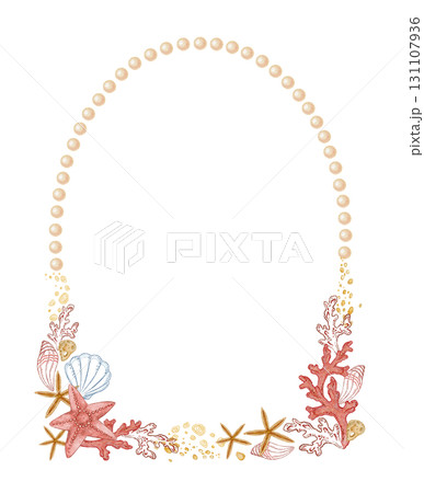 Arch wreath of pearl and seashell in watercolor and outline. Hand drawn line art with red coral starfish in colored pencil sketch. Great for wedding invitation. Perfect for nautical card template. Arch wreath of pearl and seashell in watercolor and outline. Hand drawn line art with red coral starfish in colored pencil sketch. Great for wedding invitation. Perfect for nautical card template. 131107936