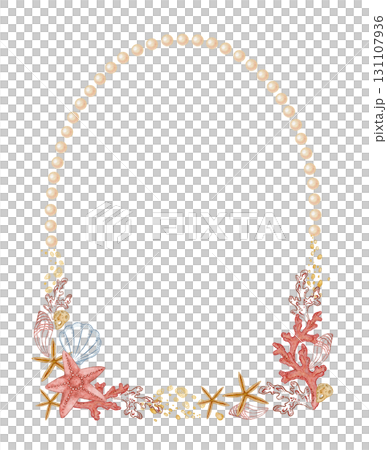 Arch wreath of pearl and seashell in watercolor and outline. Hand drawn line art with red coral starfish in colored pencil sketch. Great for wedding invitation. Perfect for nautical card template. Arch wreath of pearl and seashell in watercolor and outline. Hand drawn line art with red coral starfish in colored pencil sketch. Great for wedding invitation. Perfect for nautical card template. 131107936