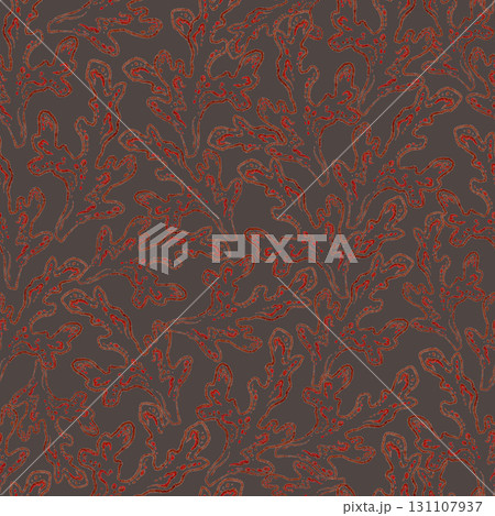 Seamless pattern with outline texture of red coral on brown background. Hand drawn line art in colored pencil with minimal detail. Great for fabric or wallpaper. Perfect for nautical print design. 131107937