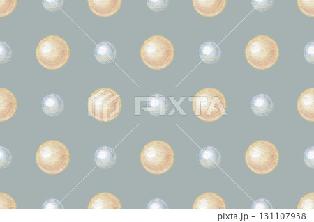 Simple seamless pattern with blue and beige pearl on gray background in watercolor. Hand drawn elegant shape in minimal grid design. Great for vintage fabric or wallpaper. Perfect for luxury print. 131107938