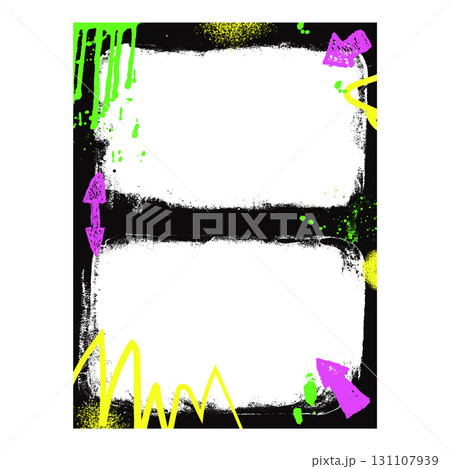 Grunge black double frame template with arrow and aerosol paint. Graffiti spray art layout background. Border with airbrush lines. Ink decor for photo. Retro texture poster. Vector hip hop wall cadre Grunge black double frame template with arrow and aerosol paint. Graffiti spray art layout background. Border with airbrush lines. Ink decor for photo. Retro texture poster. Vector hip hop wall cadre 131107939