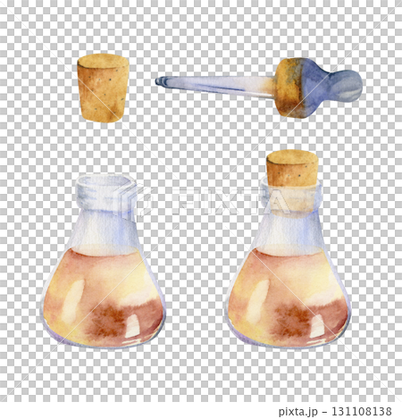 Filled glass vial bottle, cork stopper, dropper pipette. Single object isolated illustration hand drawn in watercolor. Natural skincare solution, perfume sampling, apothecary decor, essential oil. Filled glass vial bottle, cork stopper, dropper pipette. Single object isolated illustration hand drawn in watercolor. Natural skincare solution, perfume sampling, apothecary decor, essential oil. 131108138