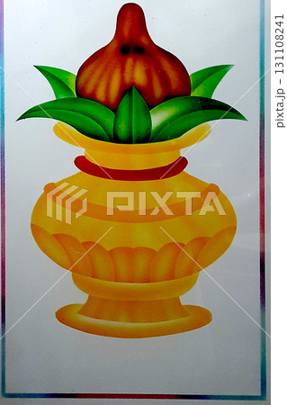 Painted Pot with Leaves and Coconut Painted Pot with Leaves and Coconut 131108241