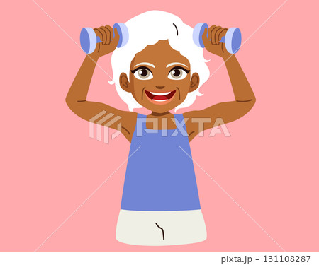 Cartoon Illustration Of Happy Black Senior Woman Exercising With Dumbbells On Pink Background Cartoon Illustration Of Happy Black Senior Woman Exercising With Dumbbells On Pink Background 131108287