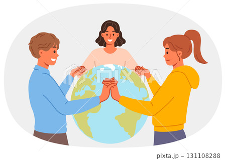 Planet earth day celebrated by people holding hands, drawing attention to importance caring for eco 131108288