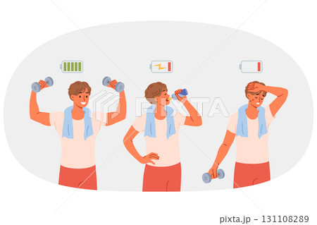 Exhausted athlete drinks energy drink and lifts heavy dumbbells, thanks to effectiveness of taurine Exhausted athlete drinks energy drink and lifts heavy dumbbells, thanks to effectiveness of taurine 131108289