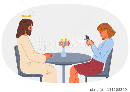 Jesus christ sits at table near woman with mobile phone, as metaphor for presence of god nearby 131108290