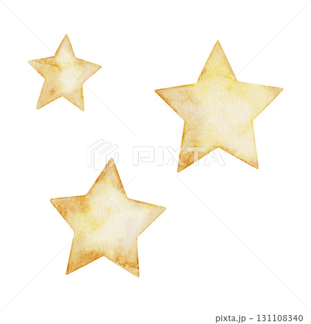 Watercolor Set of Simple Golden five pointed Star. Hand drawn Illustration fireworks. Festive decor, party and celebration symbol, Yellow Christmas tree top decoration isolated on background Watercolor Set of Simple Golden five pointed Star. Hand drawn Illustration fireworks. Festive decor, party and celebration symbol, Yellow Christmas tree top decoration isolated on background 131108340