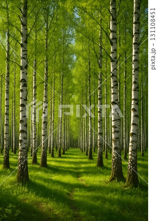 Straight path through a lush birch grove, tall white trunks aligned in rows, fresh spring leaves 131108451