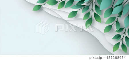 Minimal paper cut background with green botanical leaves draping from the top 131108454