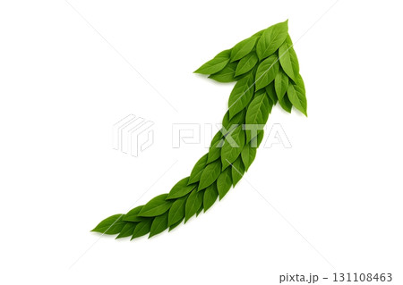 Curved upward arrow made of fresh green leaves on a white background, symbolizing eco growth 131108463