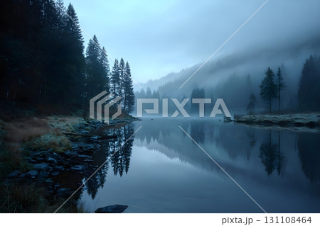 Blue hour mist drifts over a calm mountain lake, pine silhouettes reflected in glassy water, frosty shore 131108464