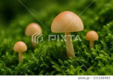 Small beige mushrooms sprouting from lush moss in a forest, macro shot with shallow depth 131108465