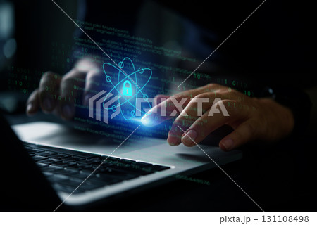 Digital security and cybersecurity defense with hacker protection icon and privacy authentication lock on laptop.Quantum Lock Screen Digital security and cybersecurity defense with hacker protection icon and privacy authentication lock on laptop.Quantum Lock Screen 131108498