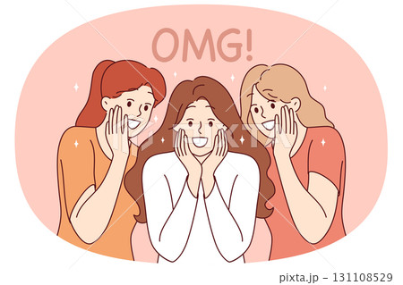 Enthusiastic girls shout OMG, seeing amazing commercial offer and big discounts on shopping 131108529