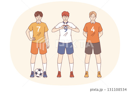 Team of soccer players plays in professional league, and poses in sports uniforms with numbers 131108534