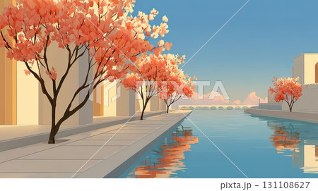 Serene Waterway with Cherry Blossom Trees in a Calm Landscape Setting Under a Clear Blue Sky 131108627