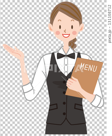 Illustration of a cafe clerk holding a menu table 131108712