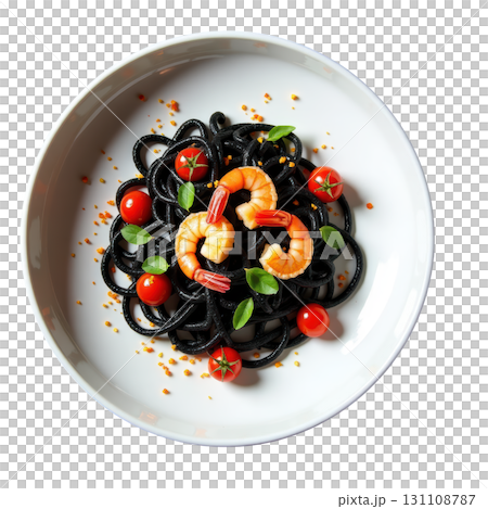 Handmade Black Tagliatelle Pasta with Garlic Prawns and Cherry Tomatoes Sprinkled with Chili Flakes 131108787