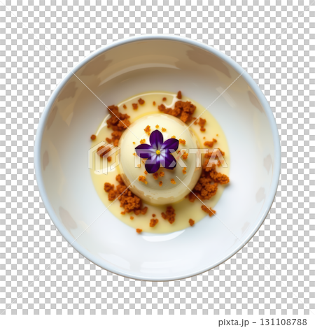 Exotic Tonka Bean Dessert with Creamy Texture and Caramelized White Chocolate Crumbs Garnished with Edible Violet 131108788