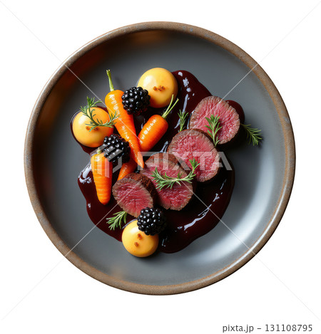Seared Venison Loin Medallions with Blackberry Reduction and Baby Carrots Served on Gray Plate Seared Venison Loin Medallions with Blackberry Reduction and Baby Carrots Served on Gray Plate 131108795