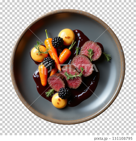 Seared Venison Loin Medallions with Blackberry Reduction and Baby Carrots Served on Gray Plate 131108795