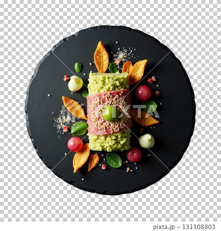 Fresh Yellowfin Tuna Tartare with Avocado and Sesame on Black Slate Plate Fresh Yellowfin Tuna Tartare with Avocado and Sesame on Black Slate Plate 131108803