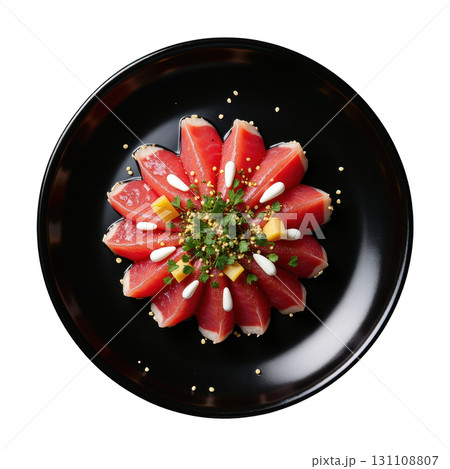 Lightly Seared Tuna Tataki Slices Arranged in Fan Shape with Ponzu Sauce and Toppings of Pickled Ginger and Wasabi Cream 131108807
