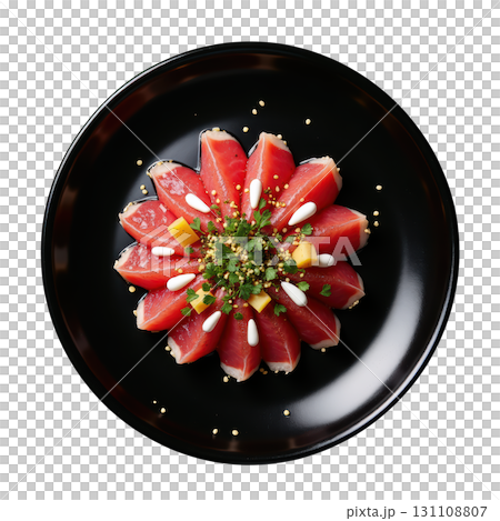 Lightly Seared Tuna Tataki Slices Arranged in Fan Shape with Ponzu Sauce and Toppings of Pickled Ginger and Wasabi Cream 131108807