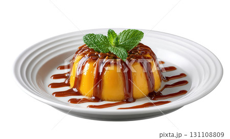 Delicious Thai Pumpkin Custard Dessert with Coconut Sauce and Fresh Mint Garnish on Elegant Plate 131108809