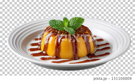 Delicious Thai Pumpkin Custard Dessert with Coconut Sauce and Fresh Mint Garnish on Elegant Plate 131108809