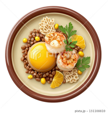 Elegant risotto dish with saffron sheen, seared langoustine, and vegetable garnishes on a decorative plate 131108810