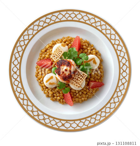 Elegant Dish of Saffron Risotto with Seared Langoustine and Fresh Pea Tendrils in a Gourmet Presentation 131108811