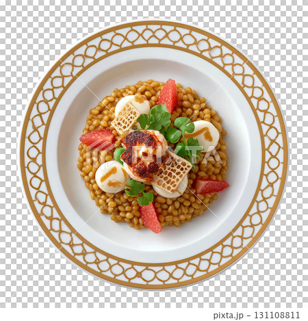 Elegant Dish of Saffron Risotto with Seared Langoustine and Fresh Pea Tendrils in a Gourmet Presentation 131108811