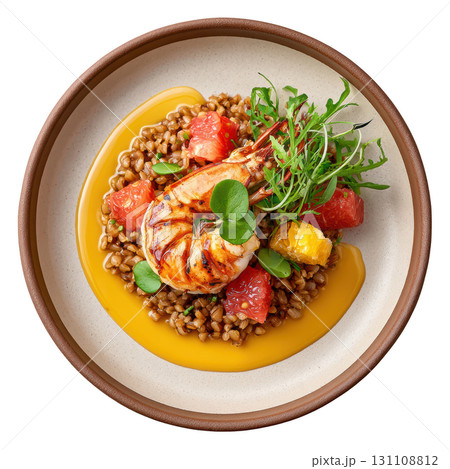 Exquisite Farro Risotto with Langoustine and Saffron Sauce Garnished with Pea Tendrils and Citrus Segments 131108812