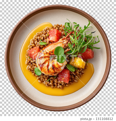 Exquisite Farro Risotto with Langoustine and Saffron Sauce Garnished with Pea Tendrils and Citrus Segments 131108812
