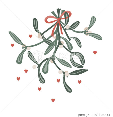 Mistletoe with red ribbon bow and hearts isolated over white background. Vector isolated illustration Mistletoe with red ribbon bow and hearts isolated over white background. Vector isolated illustration 131108833