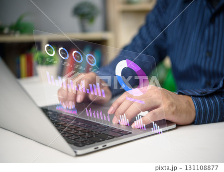 Analytics interface displaying KPI, bar chart, and pie chart for business performance and strategic planning. finance, marketing reports, and digital business 131108877