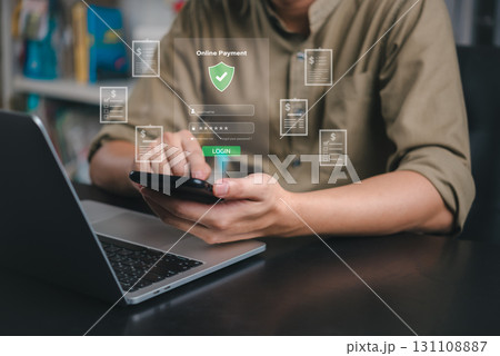 Secure login screen for online payment. A man is using a smartphone to access digital payment platforms, with banking icons and financial documents floating above. 131108887
