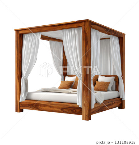 Luxurious wooden canopy bed with white drapes and soft cushions in a bright and elegant bedroom setting 131108918