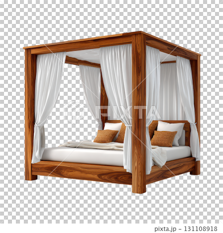 Luxurious wooden canopy bed with white drapes and soft cushions in a bright and elegant bedroom setting 131108918
