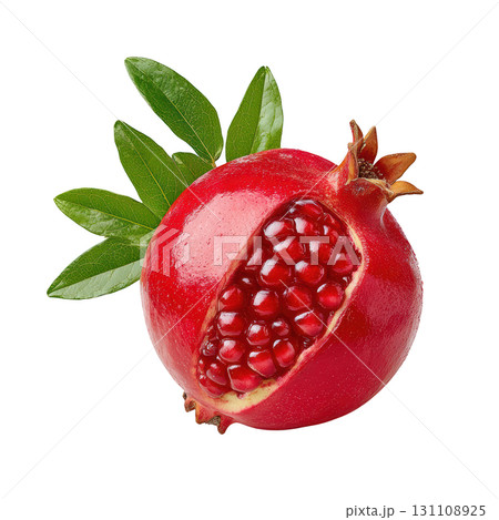 Fresh Pomegranate with Bright Red Seeds and Vibrant Green Leaves on a Clear Background 131108925