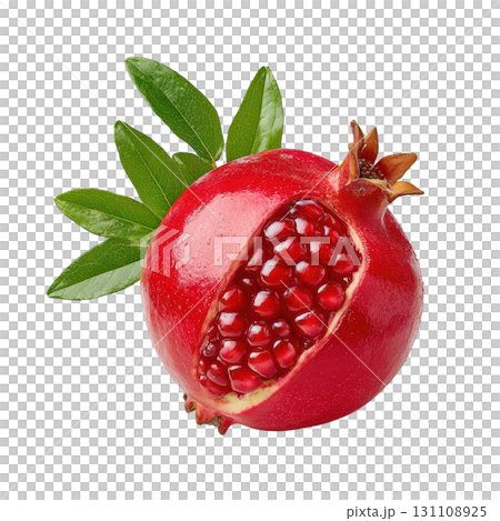 Fresh Pomegranate with Bright Red Seeds and Vibrant Green Leaves on a Clear Background 131108925