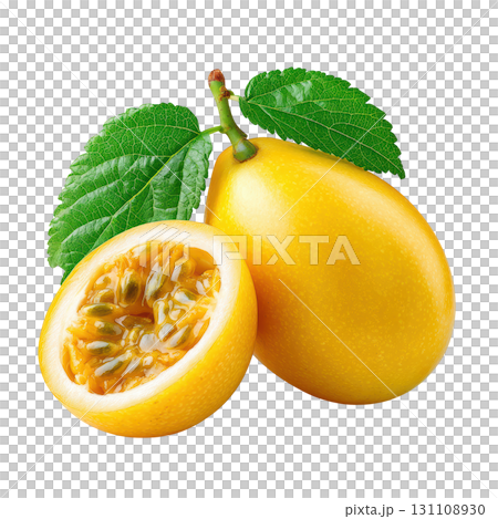 Fresh yellow passion fruit with green leaves on a white background showcasing juicy pulp and vibrant color 131108930