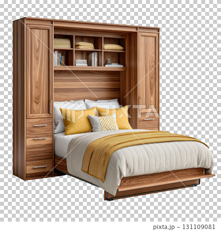 Stylish Wooden Murphy Bed with Storage Units for Space-Saving Bedroom Design and Cozy Comfort 131109081
