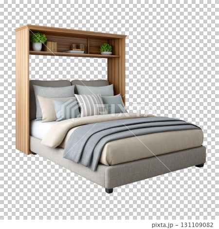 Modern and Stylish Folding Bed with Storage Shelf and Cozy Bed Linen in Bright Interior Setting 131109082