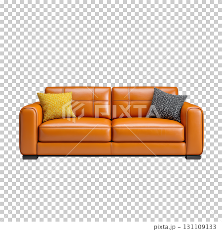 Modern Orange Leather Sofa with Decorative Cushions in Bright Living Room Setting for Contemporary Home Styling 131109133