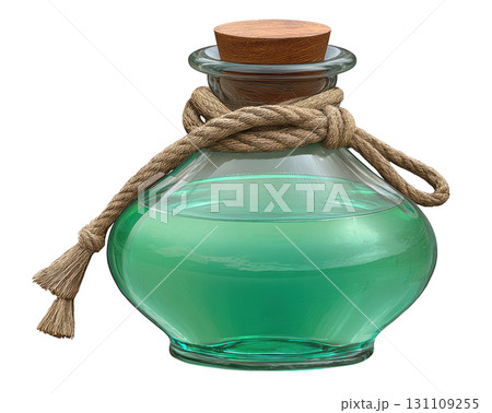 Vintage glass potion bottle with wooden cork and twine with turquoise liquid for magical and mystical themes Vintage glass potion bottle with wooden cork and twine with turquoise liquid for magical and mystical themes 131109255
